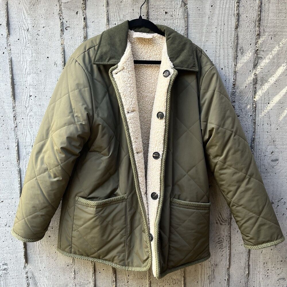 Free People Quilted Chore Jacket Arnelle Teddy Reversible Oversize ButtonUp Sz M